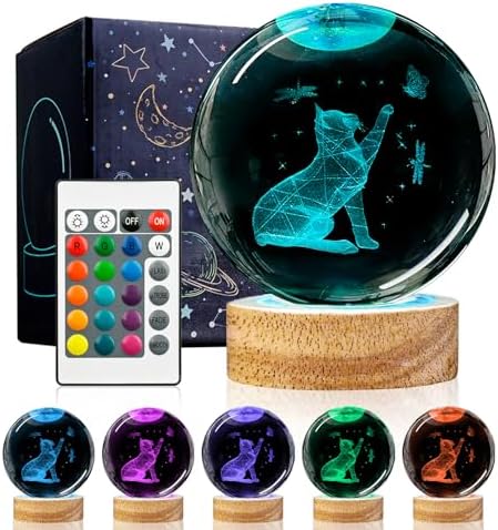 3D Cat Crystal Ball Night Light Cat Lover Gifts for Women Upgraded 3.15 In Cat Figurines Glass Ball Home Decor Lamps with 16 Color Cat Collectibles Snow Globes Gift for Girl Cat Lamp for Her Mom