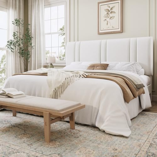 SHA CERLIN King Size Velvet Bed Frame with Adjustable Headboard, White