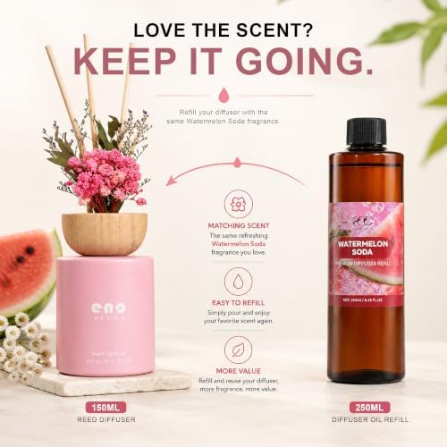 Reed Diffuser Set with Dried Flowers, 5.1 fl oz / 150ml, Watermelon Soda - Home Fragrance Diffuser with Sticks for Bathroom Shelf Decor, Bedroom, Office & Gift