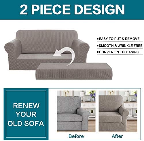 Turquoize Stretch Sofa Slipcover 2 Pieces Sofa Cover Couch Cover for 2 Cushion Couch Washable Furniture Protector Covers with Elastic Bottom Feature Thick Jacquard Fabric (Loveseat, Taupe)