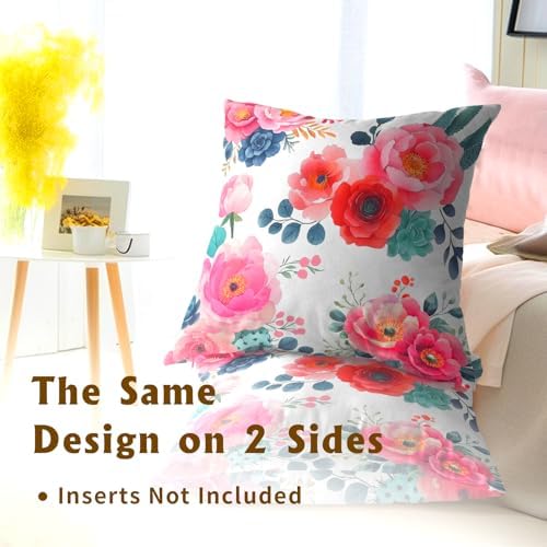 Watercolor Peony Throw Pillow Covers 22x22 Inch Set of 2 Pink Floral Girly Green Leaves Decorative Pillow Case Spring Summer Flower Square Cotton Cushion Cover for Home Couch Bed