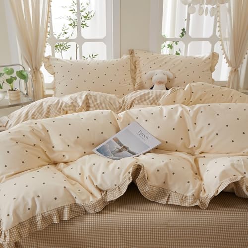 Ruffle Strawberry Duvet Cover Full Size, 100% Cotton Princess Girls Ruffle Lace Bedding Set with Cute Aesthetic Strawberry Print, Cottagecore Duvet Cover Reversible Tan Gingham Comforter Cover Full