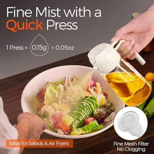 YARRAMATE 2Pcs 16oz/470ml 2 in 1 Oil Sprayer for Cooking with Stickers, Food-grade Glass Oil Spray Bottle, Oil Dispenser and Oil Sprayer for Kitchen, Salad, Frying, BBQ (White &Black)