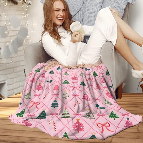 Coquette Pink Bow Christmas Throw Blanket for Couch, Preppy Christmas Decor, Pink Girly Xmas Tree Candy Cane Throw Blanket for Girls Bedroom Living Room Decoration, 50x60 Inches