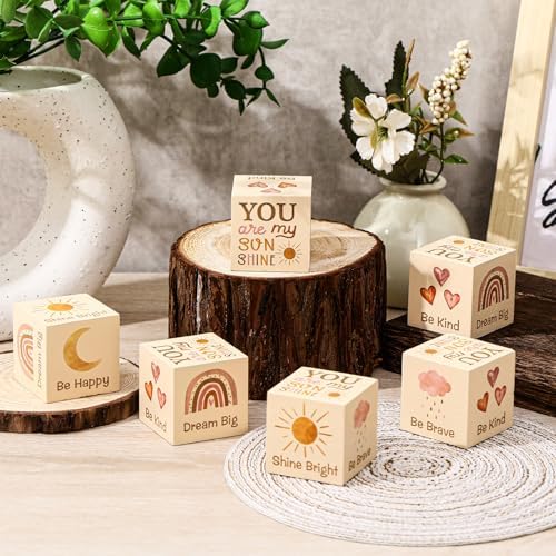 6 Pcs Nursery Shelf Decor Baby Wooden Blocks, Boho Style