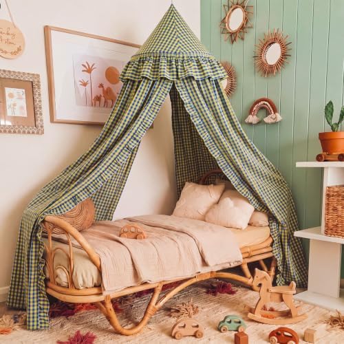 SmoothNovelty Gingham Plaid Bed Canopy, Yellow Blue, Round