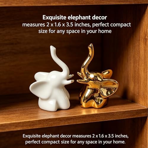 Gold and White Elephant Statues, 2 Pack Ceramic Shelf Decor