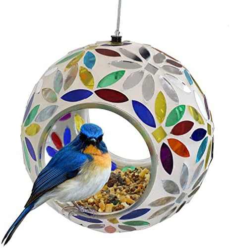 Sunnydaze Mosaic Glass Bird Feeder for Outdoors, Rainbow Daisies