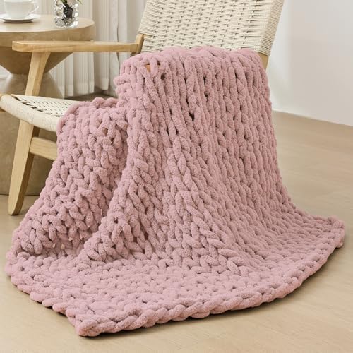 Bigacogo Chunky Knit Throw Blanket for Couch, 40x40 inches, Dusty Pink