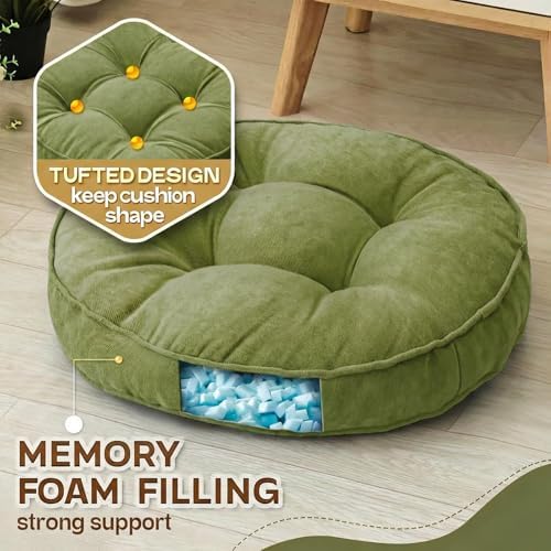 MIDDLE ONE Floor Pillow Set of 2, Memory Foam Cushion 22x22 – Round, Green