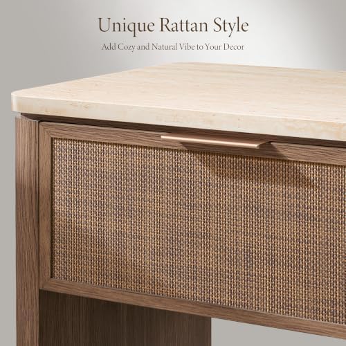 Night Stand, Rattan Nightstand with 1 Drawer&Open Shelf