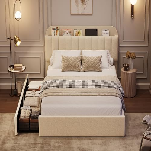 GarveeHome Twin Bed Frame, Platform Bed with Storage Headboard & Drawers