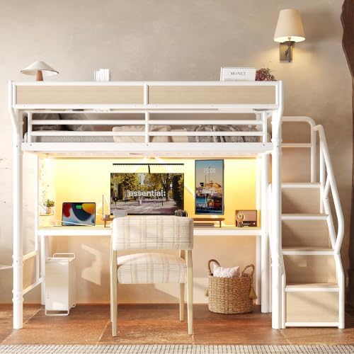 Bellemave Twin XL Metal Loft Bed with Stairs and Desk for Kids,Adult,White