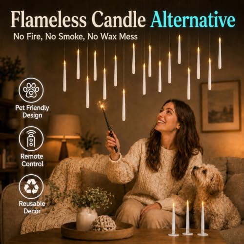 Enido 24 Pack Hanging Flameless Taper Candles with 2 Magic Wand Remotes, Battery Operated LED Floating Candles for Ceiling, Halloween Christmas Indoor Decor