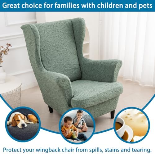 HZDHCLH Wingback Chair Slipcovers 2 Piece Stretch Spandex Chair Covers Washable Armchair Protector with Elastic Fit for Living Room Bedroom Green Embossed Leaf Pattern