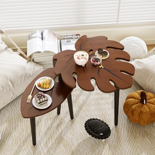BAMEOS Monstera Leaf Nesting Tables Set of 2, Small Side Tables f Set with Leaf Vein Pattern, Modern Wooden CoffeeTables for Living Room Bedroom Apartment Balcony Yard