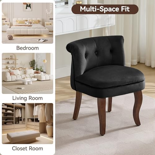 WUTUTUEE Velvet Vanity Chair with Back, Tufted Upholstered Vanity Stool with Solid Wood Legs, Mid Century Small Makeup Chair for Vanity, Accent Chair for Bedroom, Living Room, Black