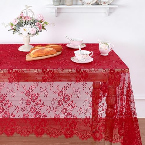 Red Lace Tablecloth 60x120 Inch Rectangular Embroidered Floral Table Cover