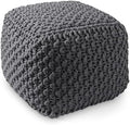 Casafield Square Pouf Ottoman, Dark Gray 18.5" W x 18.5" D x 14.5" H Cotton Knit Foot Stool - Boho Floor Pouffe for Living Room, Bedroom, Home Office