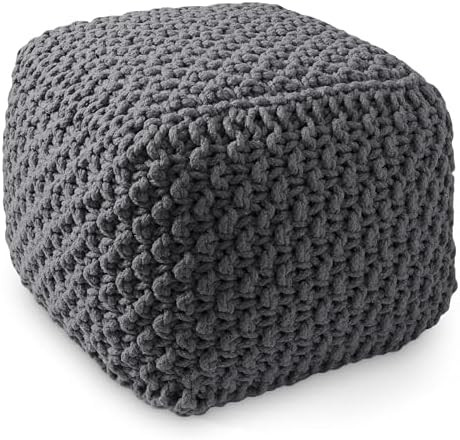 Casafield Square Pouf Ottoman, Dark Gray 18.5" W x 18.5" D x 14.5" H Cotton Knit Foot Stool - Boho Floor Pouffe for Living Room, Bedroom, Home Office