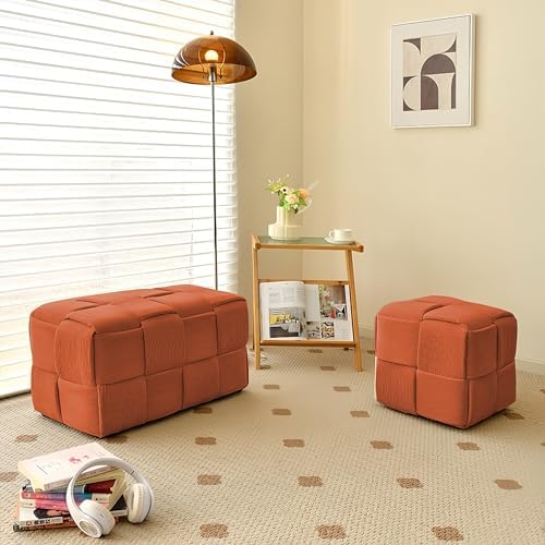 Cmishe 28" Rectangular Woven Corduroy Ottoman Footrest - Large Modern Entryway Bench & Bed End Stool, Sturdy Wood Frame, No Assembly (Orange-L)