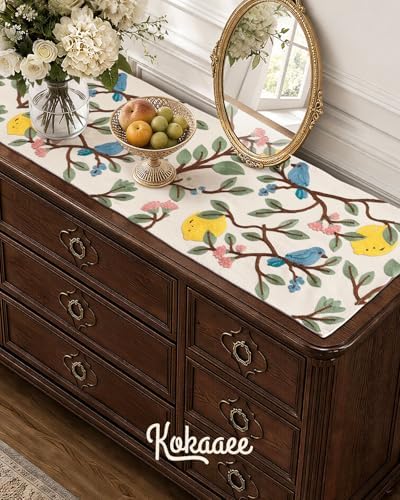 Canvas Embroidered Narrow 13"x 48" Table Runner, Lemon Bird