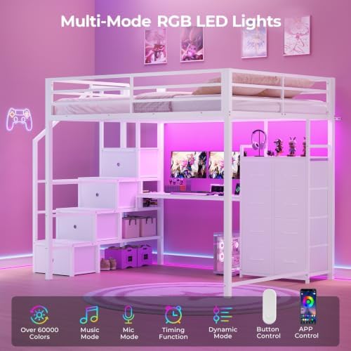 Full Size Loft Bed with Desk, Storage Stairs, LED Lights, White