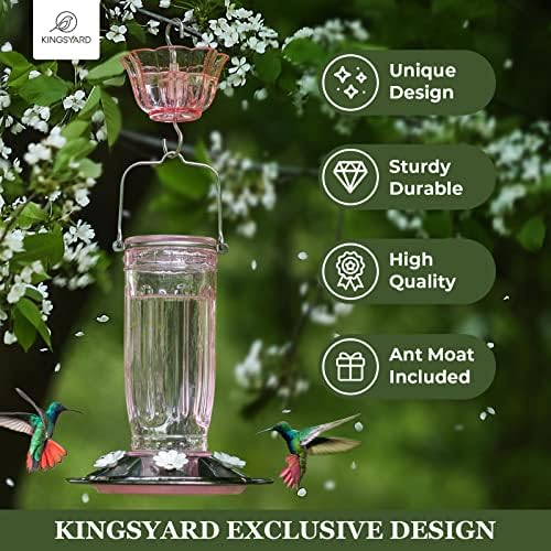 Kingsyard Glass Hummingbird Feeder for Outdoors Wild Bird Feeder with 6 Feeding Ports Hanging for Garden Yard, Pink (Ant Moat Included)