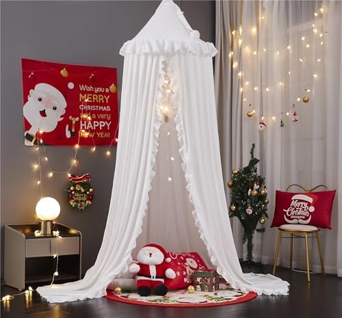 VETHIN Bed Canopy for Girls,Princess Round Dome Dreamy Mosquito Net Bedding Girls Room Castle Play Tent Hanging House Decor Reading Nook Canopies (White)