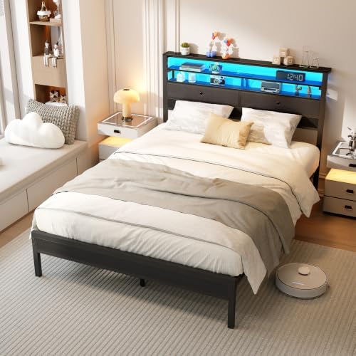 Full Size Bed Frame with Headboard & 2 Fabric Drawers, Black Oak