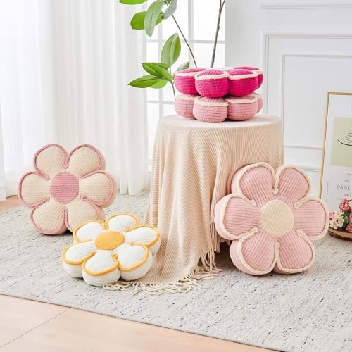 Kcvvcr Flower Pillow, Soft Flower Decorative Throw Pillow, Cute Daisy Flower Shaped Seating Floor Cushion Room Décor Plush Pillows for Sofa Couch Bed (13.7 Inch, Ivory)