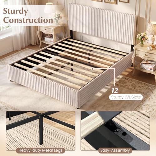 GIANTEX Queen Size Lift Up Storage Bed, Modern Corduroy Upholstered Platform w/Wingback Headboard, Hydraulic Support, Queen Bed Frame with Storage, No Box Spring Needed (Beige)