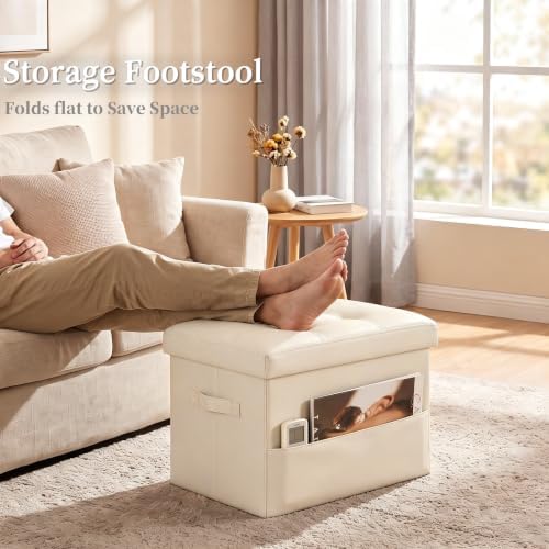 Storage Ottoman, Small Folding Leather Foot Rest Stool for Dorm, Beige