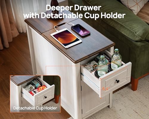 End Table with Charging Station, Side Table with Storage&Deep Drawer, White
