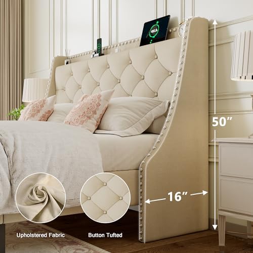 Einhomn Full Size Bed Frame with Wingback Button Tufted Storage Headboard and Type AC Ports, Upholstered Platform Bed, Wooden Slats Support, No Box Spring Needed, Noise-Free, Beige