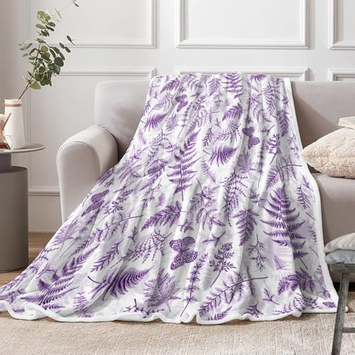 Floral Throw Blanket, Purple Throws with Wildflowers Botanical Floral Printed for All Seasons, Vintage Violet Butterfly Fluffy Fuzzy Blanket for Bedding Sofa Travel Couch Chair Sofa Home Decor,50x60