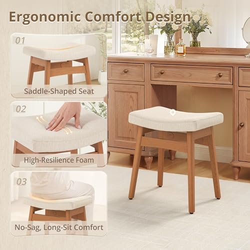 LUE BONA Vanity Saddle Stool with Wood Legs, Modern Vanity Chair for Makeup