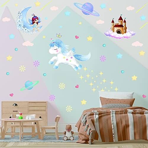 Glow in The Dark Fairy Unicorn Wall Decal Sticker, Girl Bedroom Star Rainbow Castle Princess Wallpaper Decoration, Glowing Moon Ceiling Decor