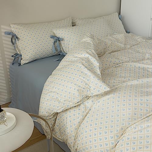 mixinni Blue Floral Duvet Cover Twin Size- 3 Piece Cottagecore Bedding Set with Bow Ties & Zipper Closure, 100% Cotton Soft Aesthetic Comforter Cover for Girls, Lightweight Breathable Country Style