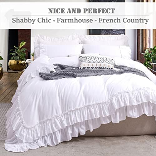 Ruffle White Duvet Cover Queen Size -Washed Cotton Shabby Farmhouse Ruffled Bedding Comforter Cover 3 pcs Aesthetic French Country Queen Duvet Cover Cotton Extra Soft and Breathable