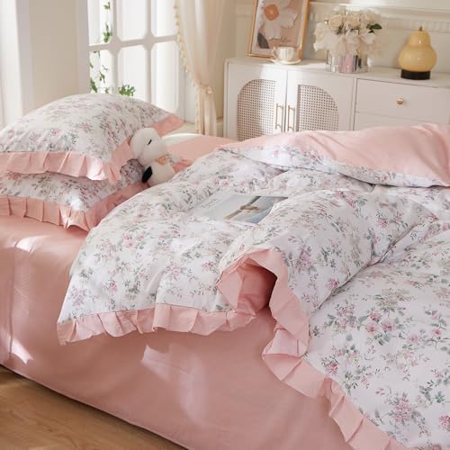 Pink Floral Duvet Cover Set 100% Cotton Queen(90"x90"),Ruffled Rose