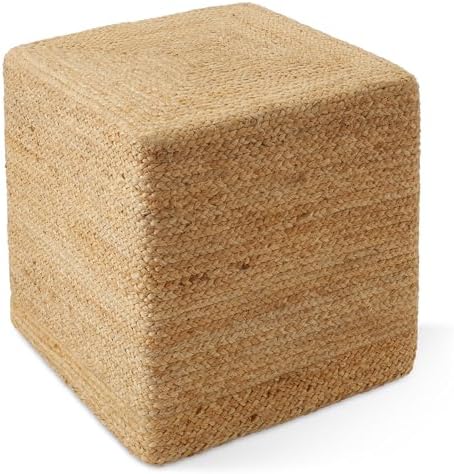 Casafield Hand-Braided Jute Pouf Ottoman Footrest, 18" W x 18" D x 18" H - Square, Natural Woven Boho Floor Cushion, Home Decor for Living Room