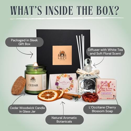 Lofi Living Aromatherapy Set – Cedar Scented Candle, Wood Wick, Scented Reed Diffuser, Luxury Soap, Gift Set for Relaxation, Stress Relief, Home Spa, 100% Soy Wax Candle