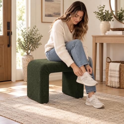 Modern Boucle Ottoman Footstool, 24" Arched Accent Stool with Soft Upholstered Seat, Small Vanity Stool Chair for Bedroom, Living Room, Entryway, Fully Assembled, Dark Green
