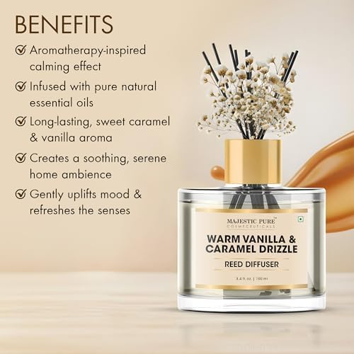 Majestic Pure Warm Vanilla & Caramel Drizzle Reed Diffuser for Home, Bathroom & Office | Natural Aromatherapy Air Freshener & Room Fragrance, with Reed Sticks & Dried Flowers 3.4 fl oz