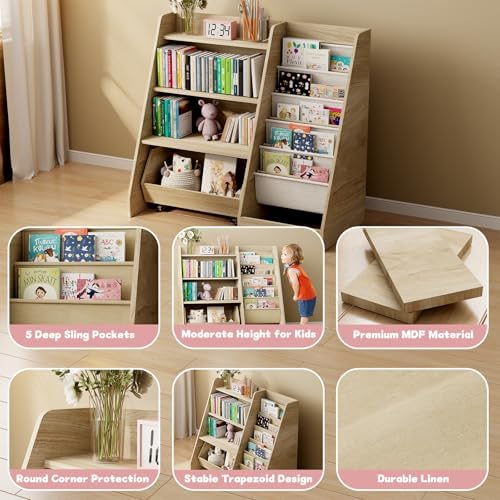 COZPAW Kids Bookshelf and Toy Storage, 4 Tier Toddler Bookshelf with Movable Drawer (Oak)