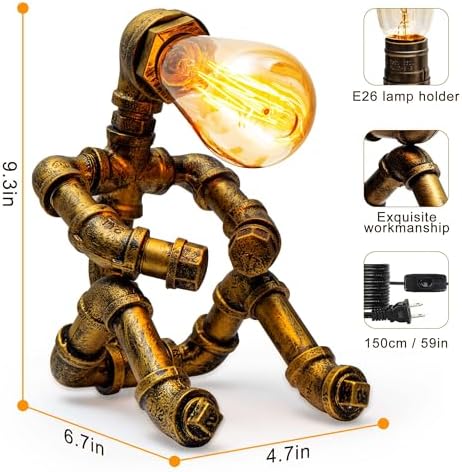 Steampunk Table Lamp, Vintage Industrial Metal Robot Table lamp, Water Pipe Table Lamp, Robot Style Desktop Light for Bedside Desk Bar Cafe Desktop Room Decoration