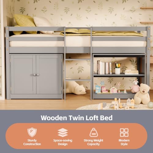 Low Loft Bed Twin Size with Storage Cabinet for Kids, Grey