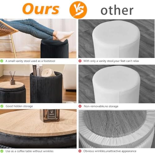 BLEXA Round Ottoman with Storage, Set of 2, Velvet Vanity Stool, Black