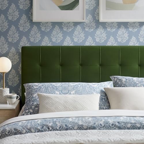 Modway Lily Performance Velvet Queen Size Headboard with Biscuit Tufting in Moss Green - Stain-Resistant Upholstery with Padded Design and 5 Height-Adjustable Mounts